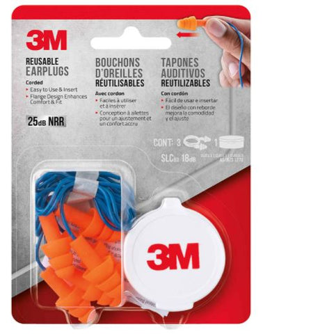 3M 3-Pair 25DB NRR Corded Reusable Washable Earplugs with Case