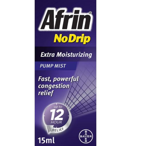 Afrin No Drip Extra Moisturizing Nasal Sinus Congestion Pump Mist Relief Spray for Colds Allegies 15 ML