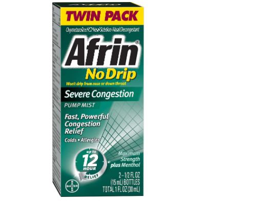 Afrin No Drip Severe Nasal Sinus Congestion Pump Mist Relief Spray for Colds Allegies Twin Pack 15 ML