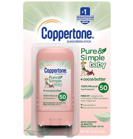 Coppertone Pure Simple Baby SPF 50 Sunscreen Stick Zinc Oxide Mineral Cocoa Butter Water Resistant