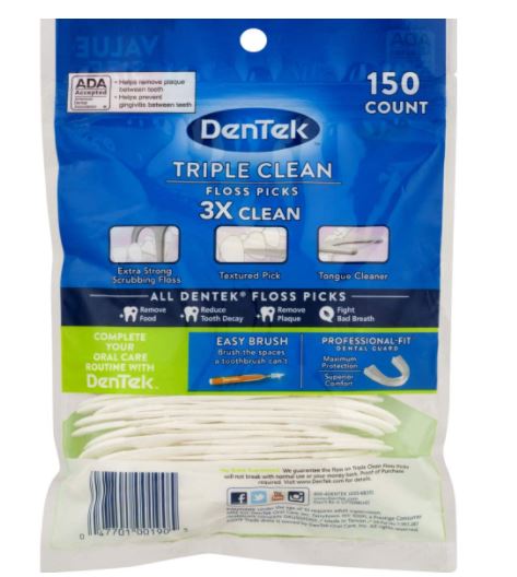 DenTek 150-PC Triple Clean Dental Teeth Floss Picks 150 Count with Fluoride