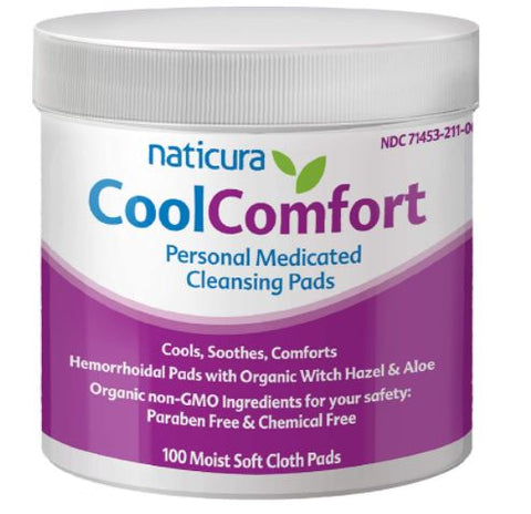 Naticura CoolComfort Personal Medicated Cleansing Pads Wipes for Hemorrhoid Burning, Itching, Pain, Swelling 100 Pads