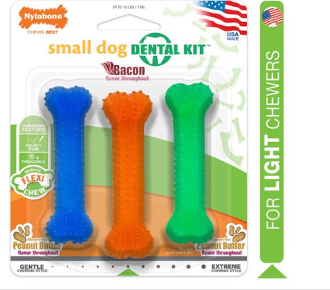 Nylabone 3-PC Dog Dental Chew & Flexi Bone Bacon Flavor for Small Dog