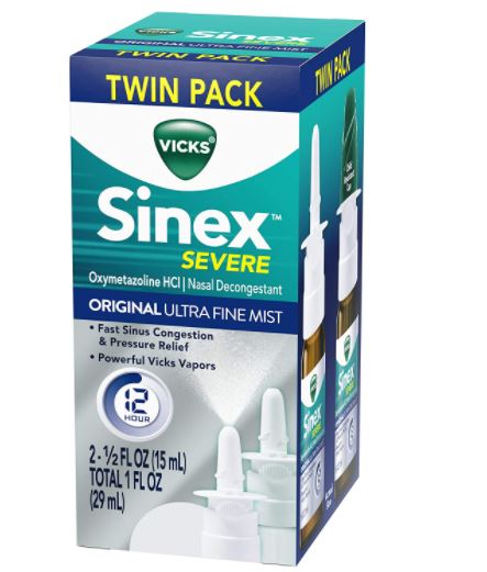 Vicks 2-Pack Sinex Severe Original Ultra Fine Mist Sinus Nasal Spray Cold Allergy Congestion